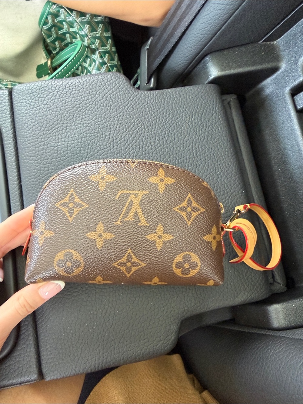 Mini Brown Monogram Wristlet Pouch with Natural Leather Strap